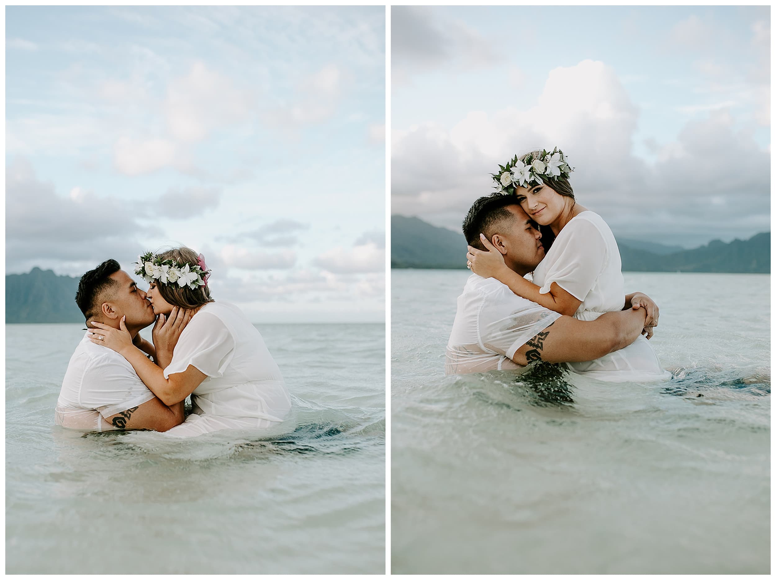 bride and groom sitting in ocean