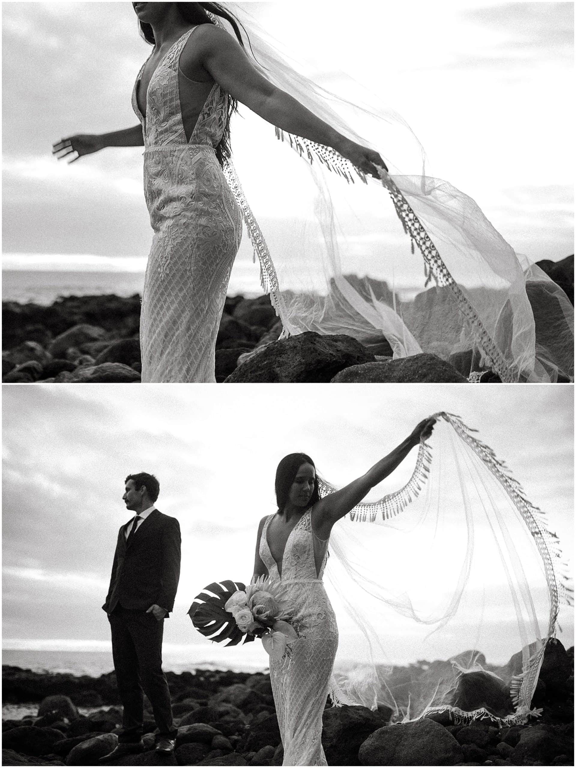 bride's veil blowing in the wind