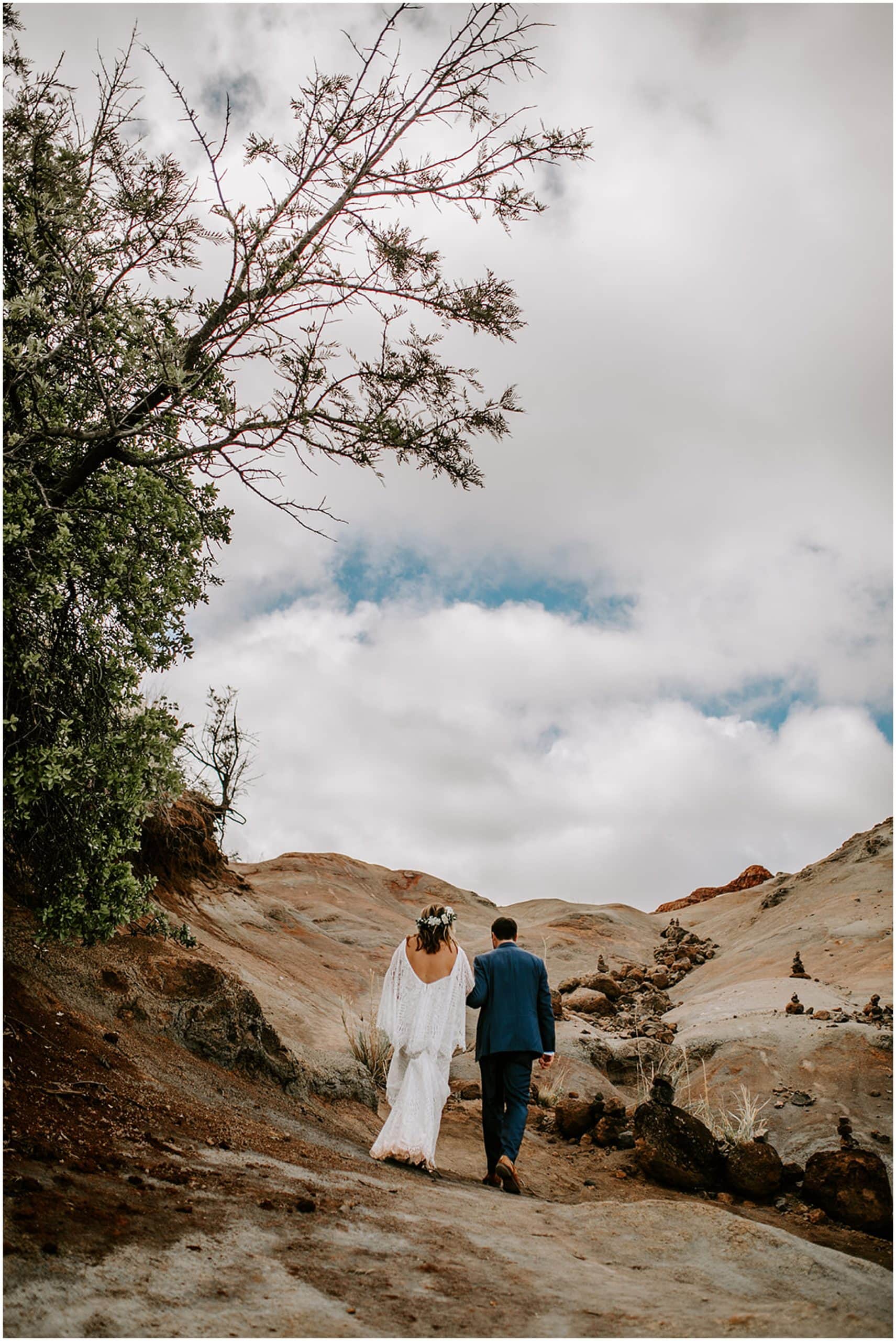 bride and groom in mountains