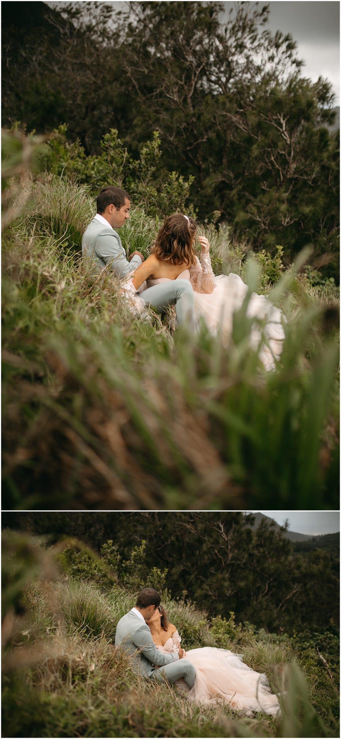 bride and groom in grass