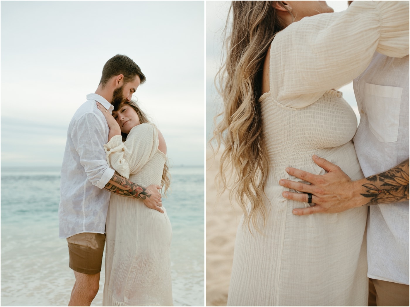 Maternity session with a cream dress