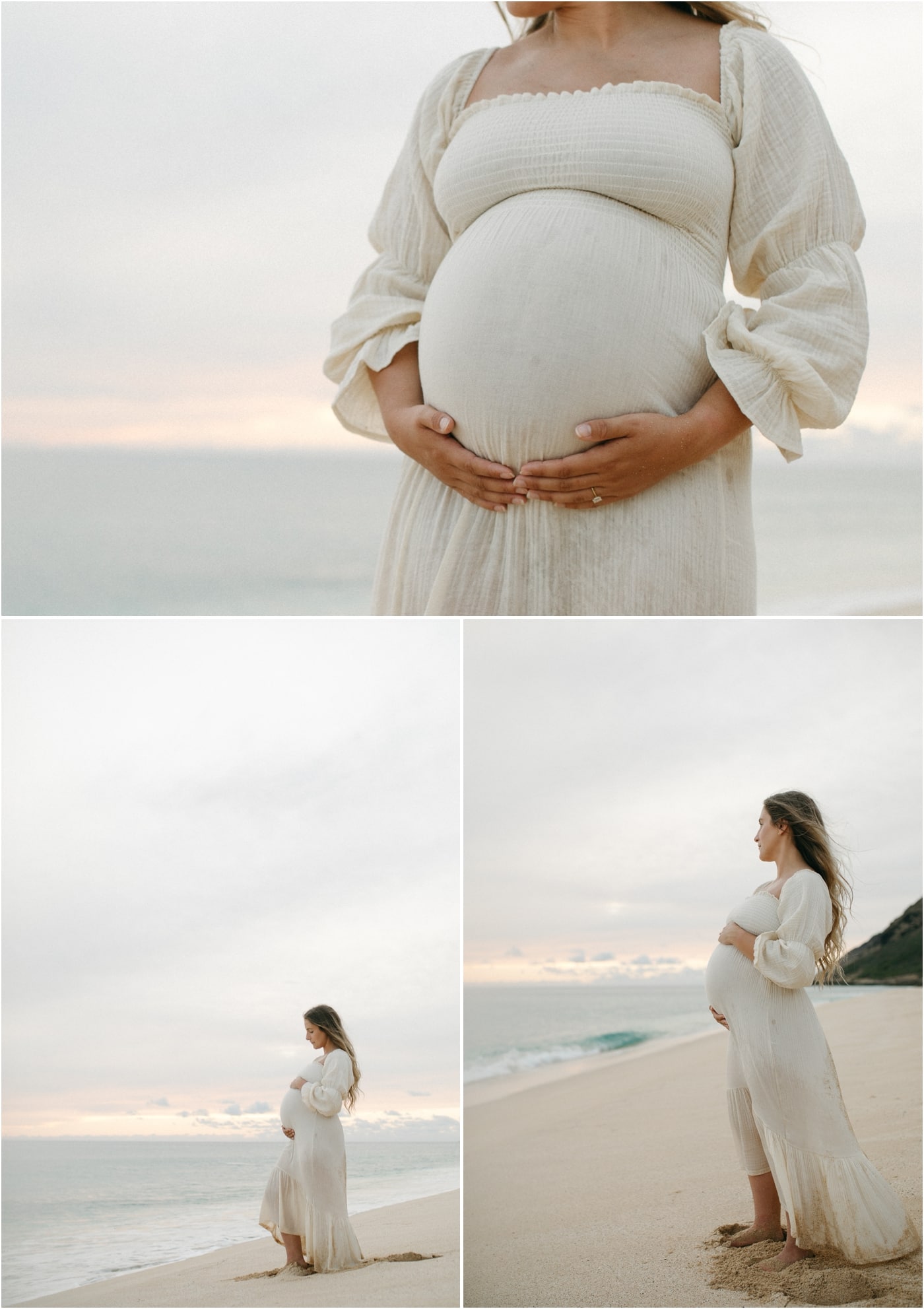 Maternity session with a cream dress