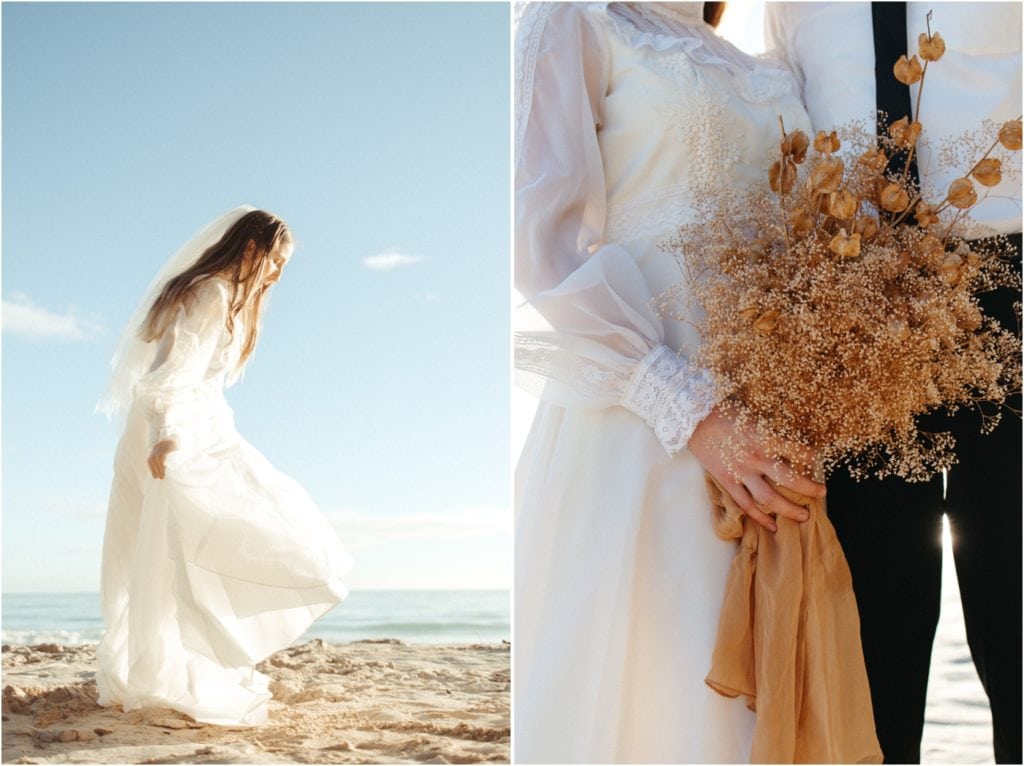 Bride holding a dried flower bouquet for her wedding in Hawaii