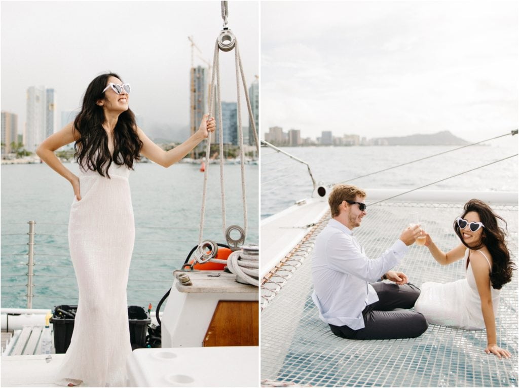 Bride and groom on a private Catamaran after their Waimanalo Beach Elopement