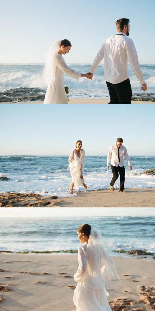 a collage of light and airy pictures of the bride and groom on the beach