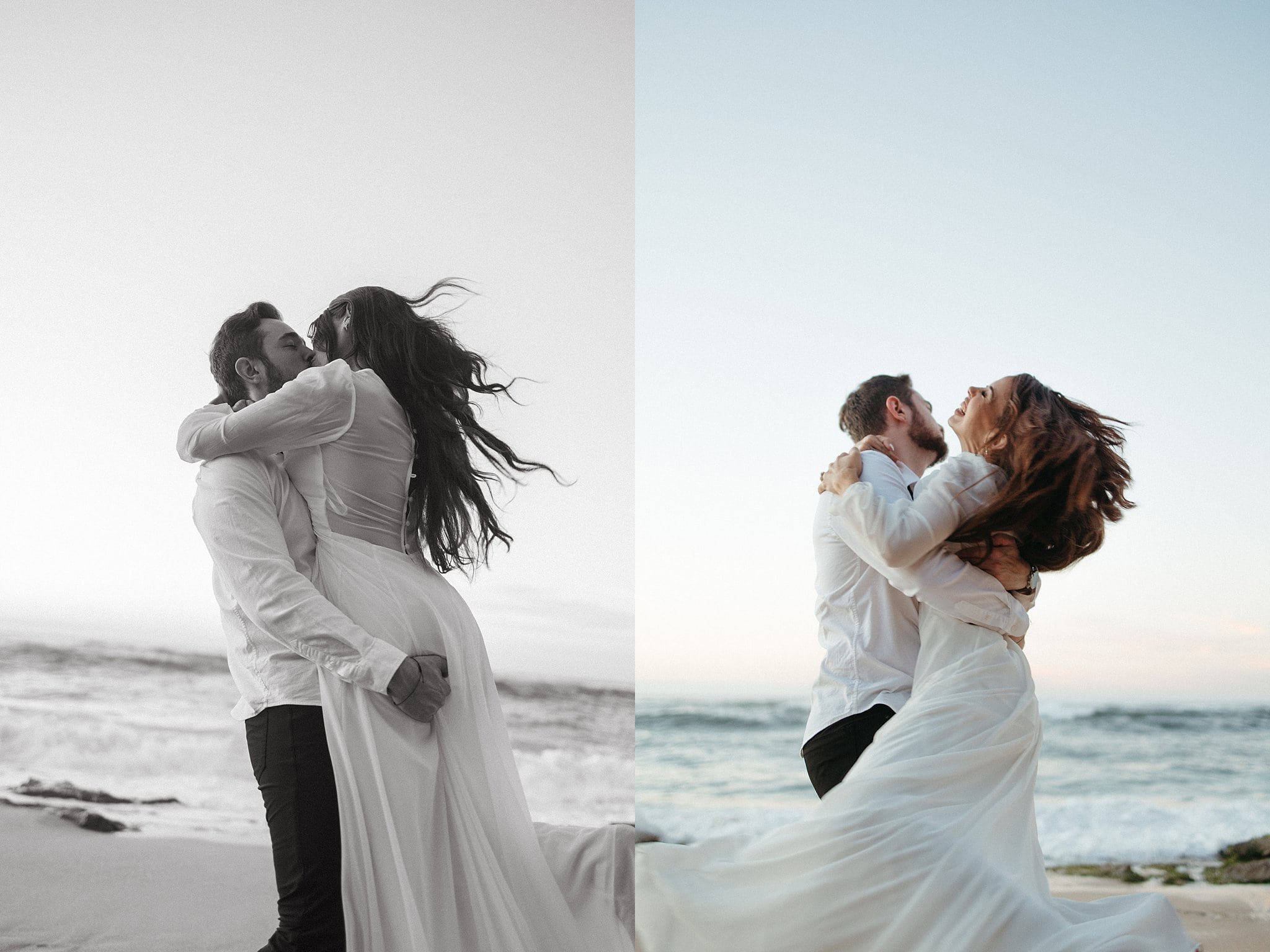couple embracing in passionate hug by shore break