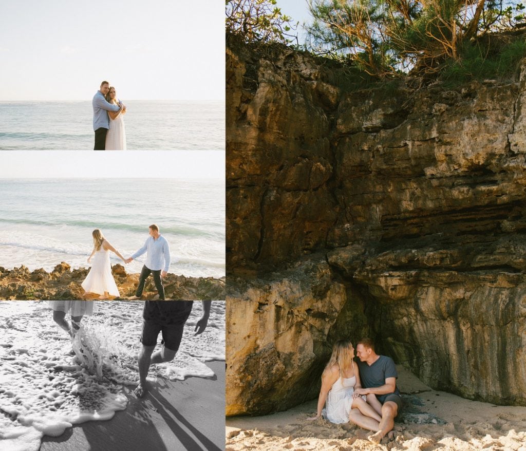 collage of the couple holding eachother in front of a cliff, on the cliff, and on the beach