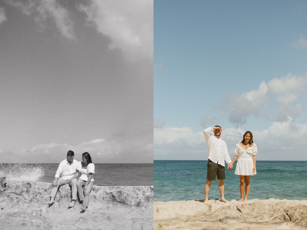 portraits of the couple beside each other on the beach