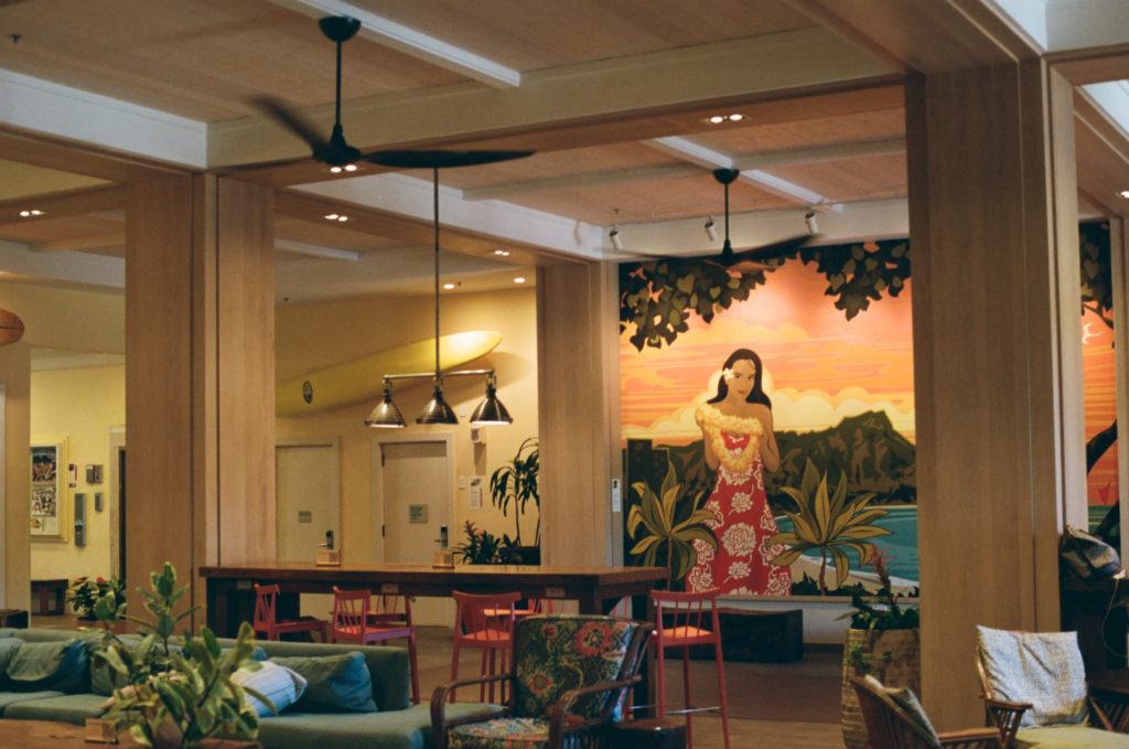 Film picture of a mural in the lobby of the Queen Kapiolani Hotel