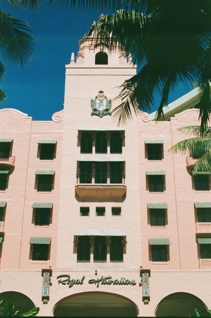 Film picture of the front of the Royal Hawaiian Hotel- facing straight on