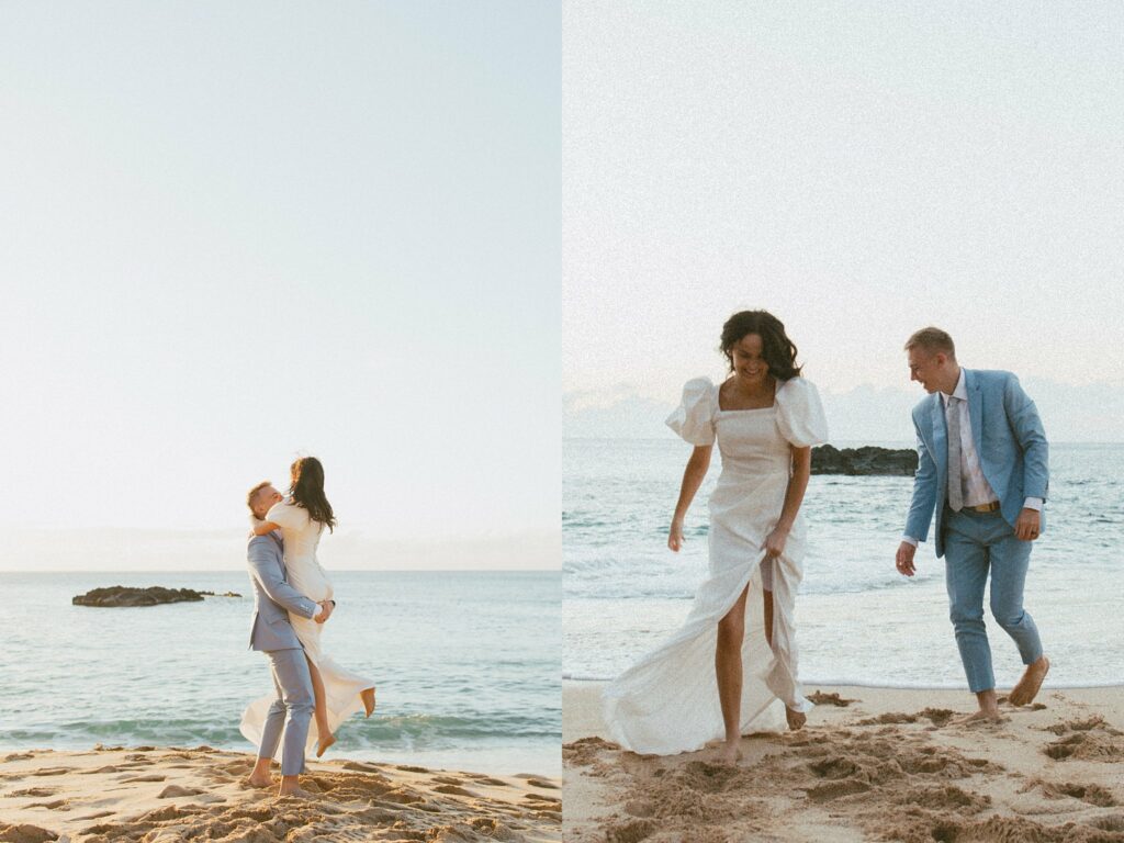 portraits of the couple walking along the beach and kai picking up lucy and spinning her arouond
