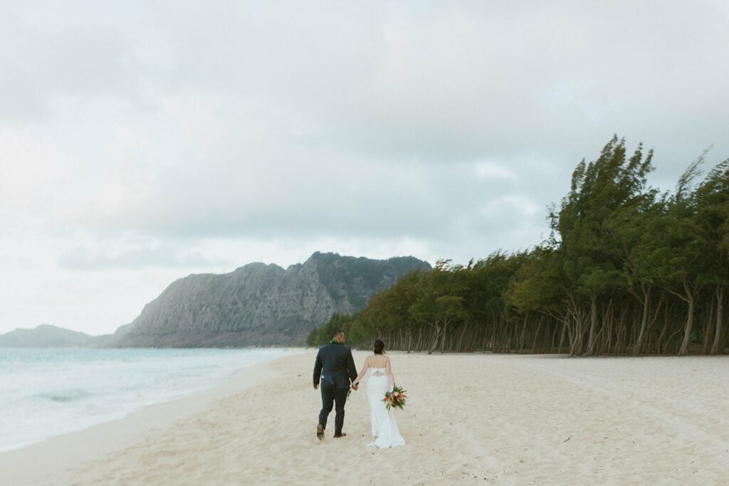 long shot of bride and groom holding hands while walking along shoreline