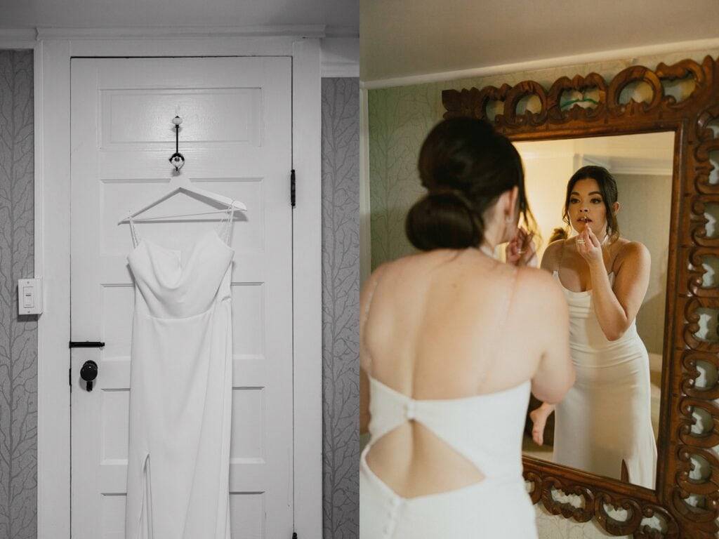black and white portrait of the wedding dress hanging and portrait of the bride getting ready while looking in the mirror