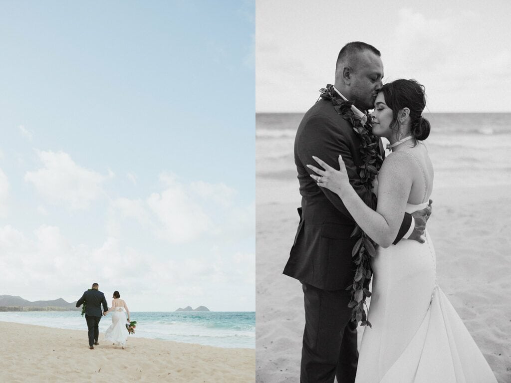 shot of bride and groom running along beach. black and white shot of groom kissing bride on the forehead
