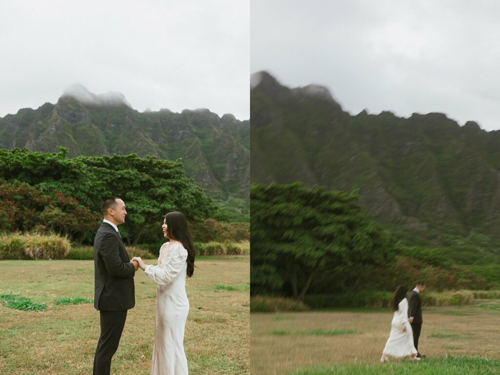 portraits of the couple walking together in front of the mountains