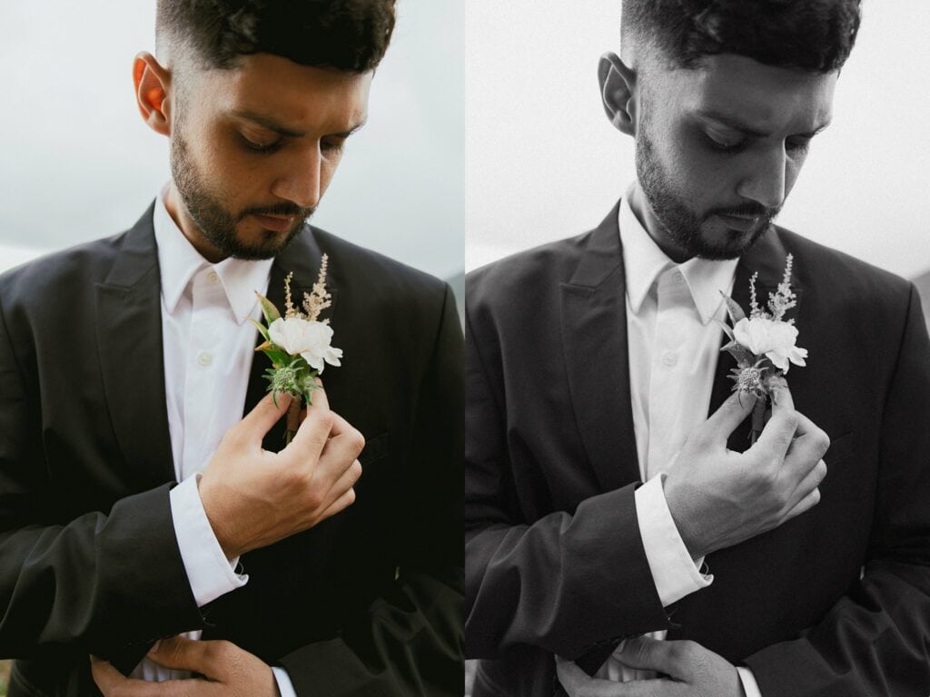 portraits of the groom fixing his tie