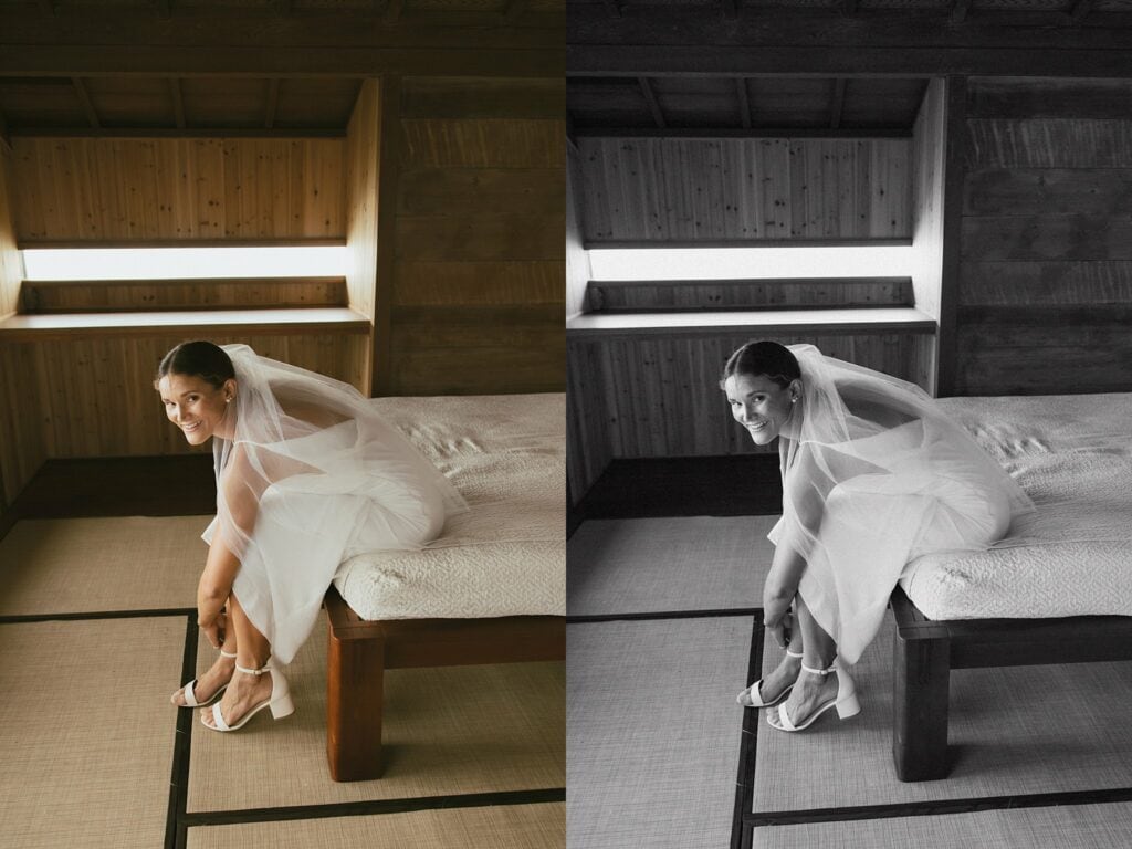 two portraits of bride putting her shoes on