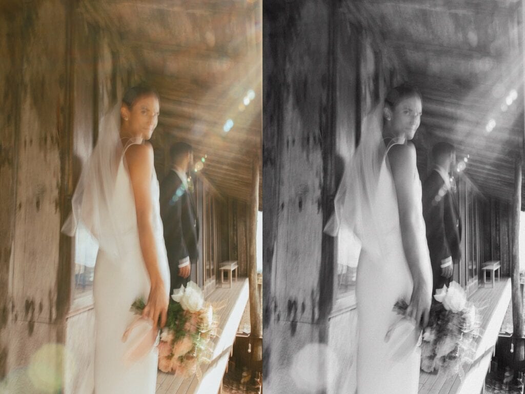 blurry shots of the bride and groom walking away