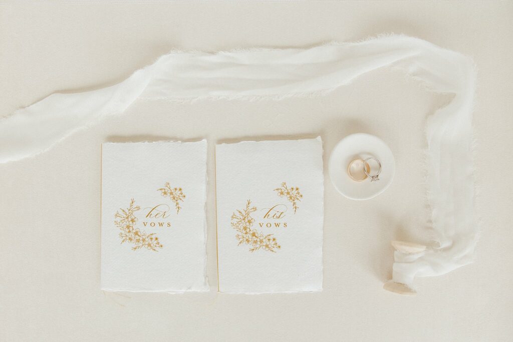 flat lay of rings and invitations
