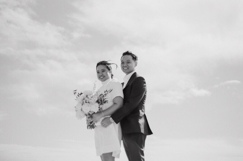 black and white shot of bride and groom 