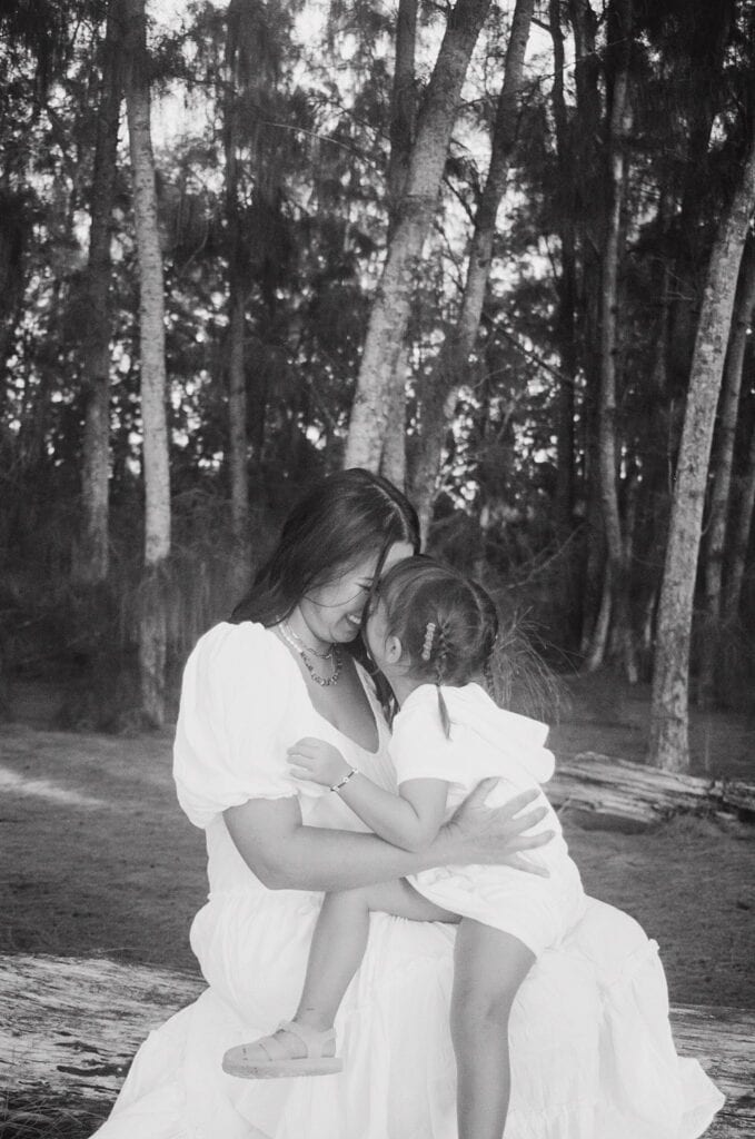 black and white shot of mom and daughter