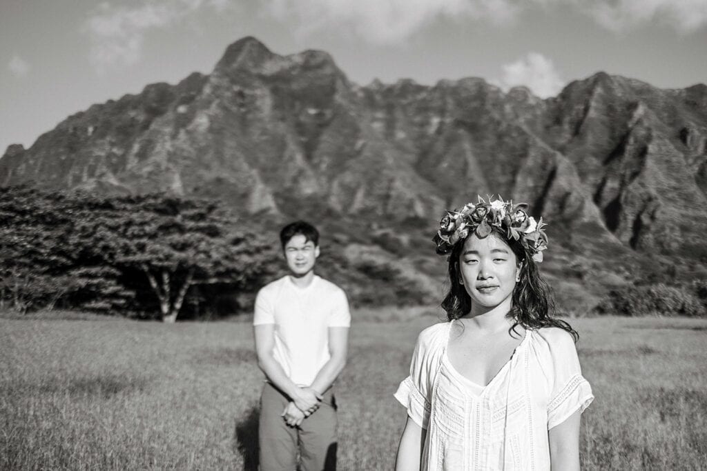 black and white shot of couple honeymooning in hawaii