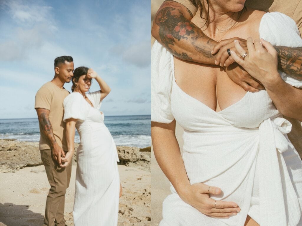 expecting couple is posing on the beach during their maternity photoshoot